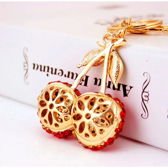 Cute Cherry Rhinestone Car Keychain Bag Charm Pink Sparkly Fruit Boho - Picture 2 of 4